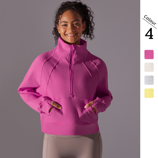 New solid color autumn and winter sweatshirt, loose fit, fleece-lined, warm, yoga casual jacket, outdoor sports loose long-sleeve top