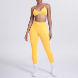 Cross-border seamless solid color halter neck bra and long pants yoga outfit set, tight-fitting running and fitness two-piece set