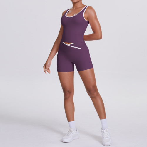 New cross-border color-blocking cross-fit brushed high-elastic yoga outfit set for running, fitness, and breathable training, five-piece set
