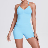 Cross-border seamless knitted solid color backless tank top and shorts yoga outfit set, tight-fitting running and fitness two-piece set