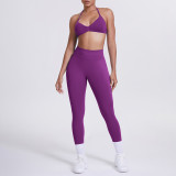 Cross-border seamless solid color halter neck bra and long pants yoga outfit set, tight-fitting running and fitness two-piece set