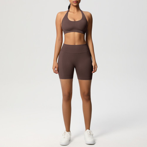Cross-border seamless backless halter neck sports bra and shorts yoga outfit set, tight-fitting running and fitness two-piece set