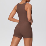 New cross-border double-sided brushed solid color breathable tank top and shorts yoga outfit set for sports, running, and fitness two-piece set