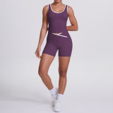 New cross-border double-sided brushed contrasting color tight-fitting breathable cross-over yoga outfit set for sports, running, and fitness two-piece set