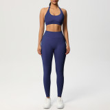 Cross-border seamless solid color halter neck sports bra yoga outfit set, tight-fitting running and fitness two-piece set