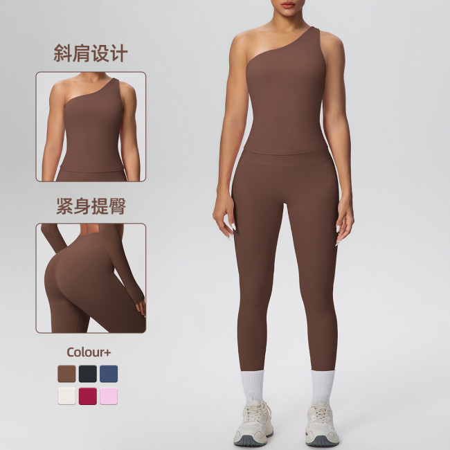 New cross-border double-sided brushed fabric seamless tight-fitting one-shoulder tank top sports set for running, fitness, and yoga, two-piece set