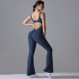 New cross-border solid color back-enhancing, hip-lifting, long slim-fit wide-leg jumpsuit for sports, running, fitness, and yoga