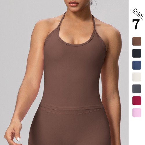 Cross-border European and American solid color high-elastic tight-fitting halter neck sports bra with beautiful back design for women, suitable for training, running, and yoga