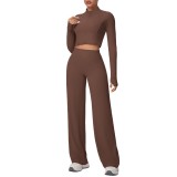 New cross-border solid color double-sided brushed zipper jacket and wide-leg yoga outfit set for sports, running, and fitness two-piece set