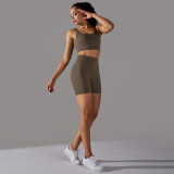 Cross-border European and American seamless knitted solid color polka dot high-elastic tight-fitting breathable yoga outfit set for running and fitness two-piece set