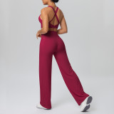 Cross-border European and American solid color double-sided brushed fabric cross-back sports bra yoga outfit set for running and fitness two-piece set
