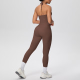 Cross-border solid color brushed fabric backless tight-fitting halter neck pocket yoga outfit set for sports, running, and fitness two-piece set