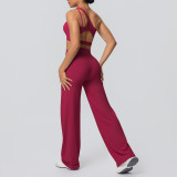 Cross-border European and American double-sided nylon brushed one-shoulder yoga outfit set for women, suitable for sports, running, and fitness, with wide-leg two-piece design