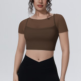 New cross-border solid color mesh double-layer breathable faux two-piece short-sleeve top for casual sports, running, fitness, and yoga