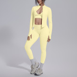 New cross-border seamless solid color tight-fitting high-elastic breathable three-piece sports running fitness yoga outfit set