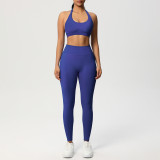 Cross-border seamless solid color halter neck sports bra yoga outfit set, tight-fitting running and fitness two-piece set