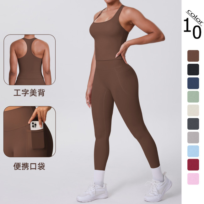 Cross-border European and American brushed solid color tight-fitting racerback pocket sports suit two-piece set for running, fitness, and yoga