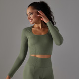 New cross-border seamless solid color polka dot striped T-shirt, high elasticity, low neck, tummy control, body shaping yoga wear, long sleeve top for women