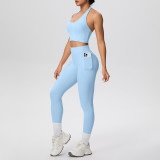 New cross-border solid color brushed fabric halter neck tank top and pocket pants yoga outfit set for women, suitable for sports, running, and fitness