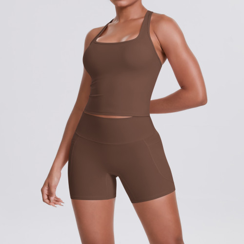Cross-border brushed solid color tight-fitting racerback pocket shorts sports suit for running, fitness, and yoga two-piece set