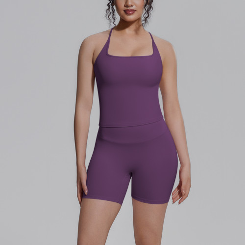 New cross-border double-sided nylon solid color racerback short two-piece sports running fitness yoga outfit for women
