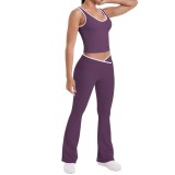 Cross-border double-sided brushed fabric color-blocked tight-fitting breathable cross-over wide-leg yoga outfit set for sports, running, and fitness two-piece set