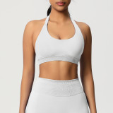 Cross-border solid color seamless backless high-elasticity tight-fitting halter neck sports bra for running, fitness, and yoga for women