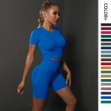Cross-border European and American seamless peach butt solid color high-elastic yoga short-sleeve shorts set for running, sports, and fitness two-piece outfit