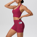 New cross-border solid color brushed fabric halter neck tank top and pocket pants yoga outfit set, sports fitness shorts two-piece set for women