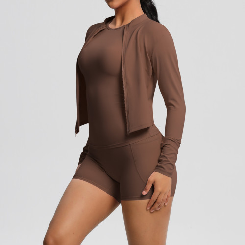 European and American cross-border cloud-feel brushed sports zip-up jacket, casual running butt-lifting pocket shorts, yoga outfit three-piece set