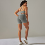 Cross-border European and American seamless tight-fitting cross-back sports bra yoga outfit set with running fitness shorts two-piece set