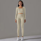 Cross-border European and American seamless knitted solid color jacquard low-cut tight-fitting long-sleeve yoga outfit sports fitness two-piece set