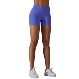 Cross-border European and American seamless knitted breathable solid color cross-waist peach butt yoga shorts for women, suitable for running and fitness