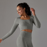 New cross-border seamless solid color polka dot striped T-shirt, high elasticity, low neck, tummy control, body shaping yoga wear, long sleeve top for women