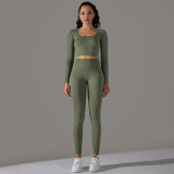 Cross-border European and American seamless knitted solid color jacquard low-cut tight-fitting long-sleeve yoga outfit sports fitness two-piece set