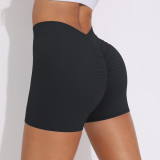 Cross-border brushed V-waist pleated solid color peach butt-lifting yoga shorts for women, suitable for sports, running, and fitness