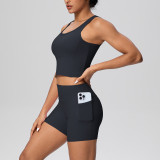 New cross-border brushed solid color breathable tank top with pockets and shorts yoga outfit set for sports, running, and fitness two-piece set