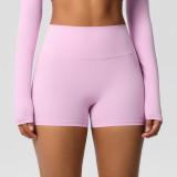 In-stock cross-border solid color double-sided brushed high-waisted tight-fitting butt-lifting yoga shorts for women, suitable for running and fitness activities