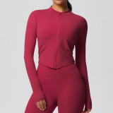 In-stock cross-border quick-dry naked-feel brushed gym zip-up jacket running sports tight-fitting long-sleeve yoga top for women