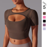 Classic solid color spliced mesh sexy double-layer short-sleeve camisole bra running fitness double-layer yoga top for women