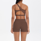 New cross-border European and American double-sided nylon brushed one-shoulder yoga outfit set for women, suitable for sports, running, and fitness