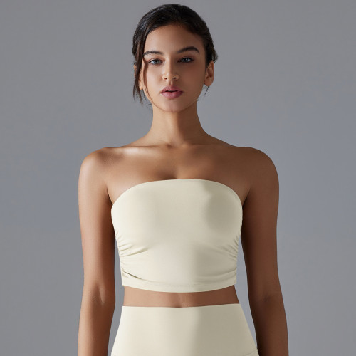 New solid color wrap-bust yoga top, pleated tube top, breathable, slim-fitting, anti-slip running sports bra, fitness wear