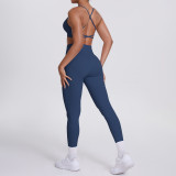 New cross-border European and American double-sided nylon tight-fitting cross-back sports yoga outfit set for running and fitness, two-piece set
