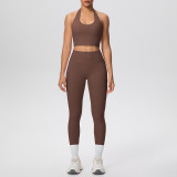 New cross-border solid color brushed fabric halter neck tank top and pocket pants yoga outfit set for women, suitable for sports, running, and fitness