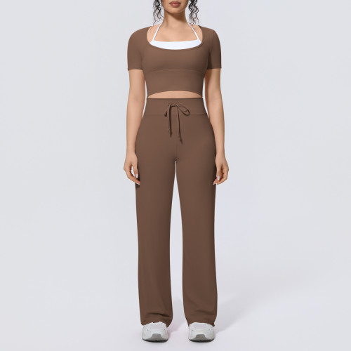 Cross-border solid color two-tone nude-feel high-elasticity faux two-piece yoga outfit set for women, suitable for sports, running, and fitness, short-sleeved two-piece set