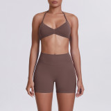 Cross-border seamless solid color halter neck bra and shorts yoga outfit set, tight-fitting running and fitness two-piece set
