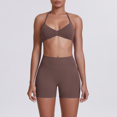 Cross-border seamless solid color halter neck bra and shorts yoga outfit set, tight-fitting running and fitness two-piece set