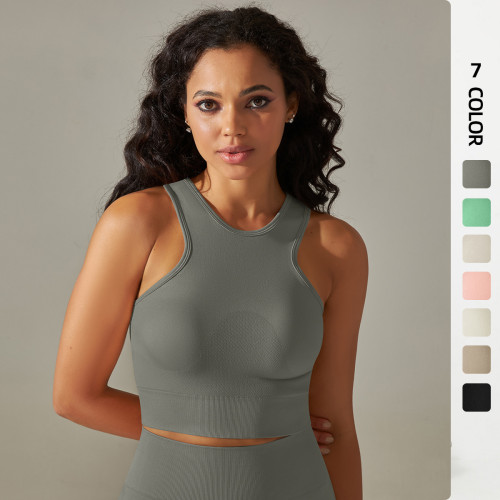 Cross-border European and American seamless tight-fitting mid-length solid color high-elasticity yoga tank top sports running fitness yoga wear