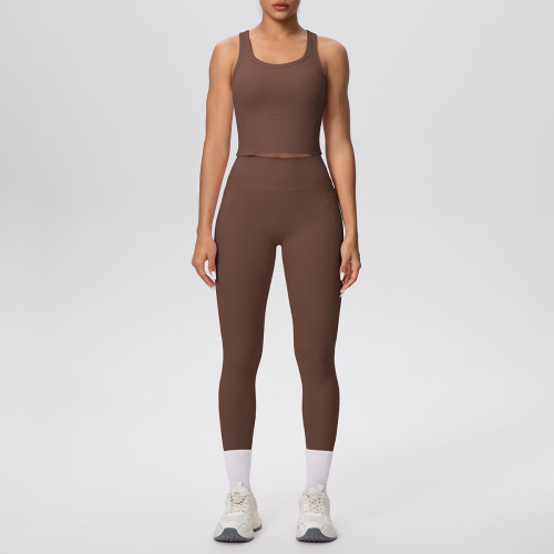 New cross-border double-sided brushed solid color breathable pocket long yoga outfit set for sports, running, and fitness two-piece set