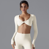 New sports long-sleeve fitness top for women, deep V-neck, slim fit, breathable, ins-style, cropped outdoor yoga top
